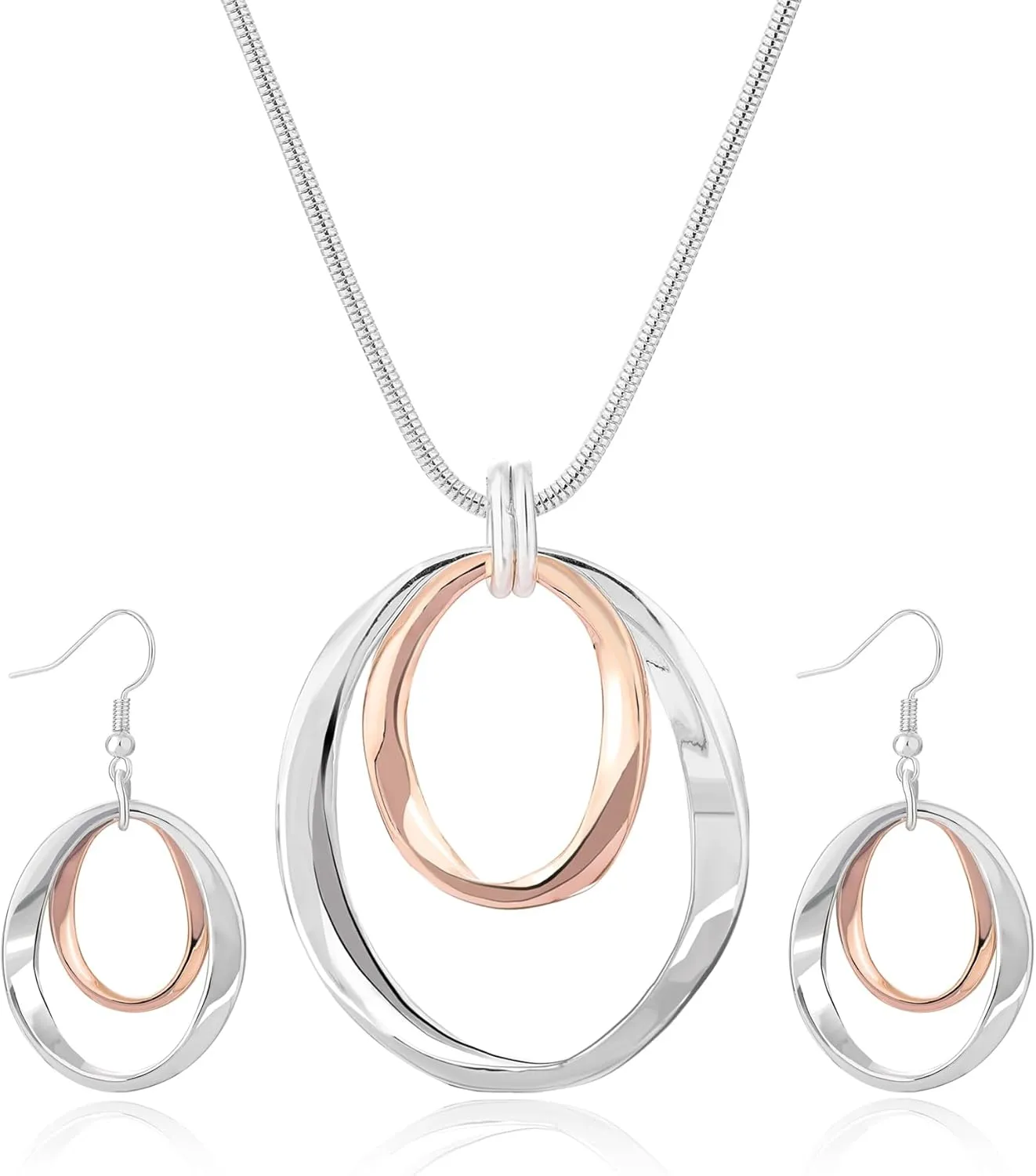 3 Circles Silver Hoop Earrings and Necklace Set for Women - 925 Plated Hypoallergenic Small Hoops