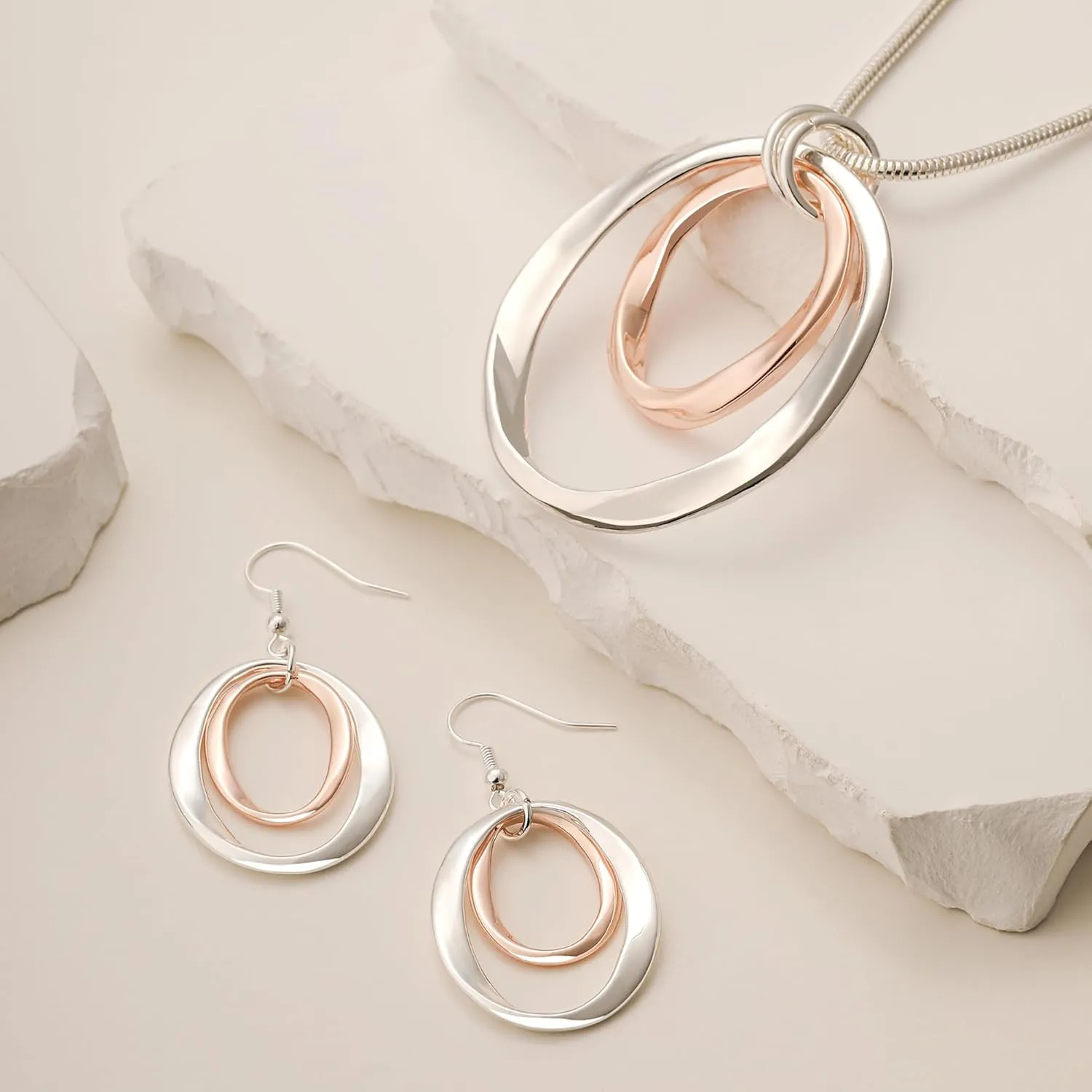 3 Circles Silver Hoop Earrings and Necklace Set for Women - 925 Plated Hypoallergenic Small Hoops