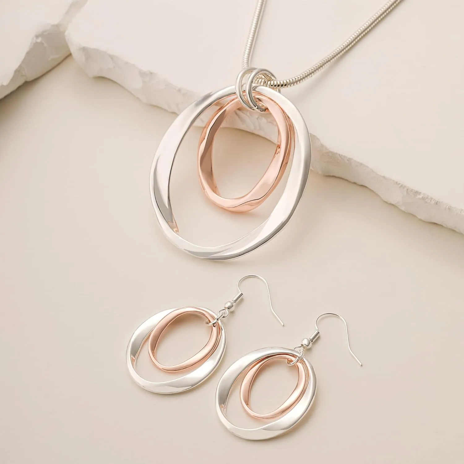 3 Circles Silver Hoop Earrings and Necklace Set for Women - 925 Plated Hypoallergenic Small Hoops