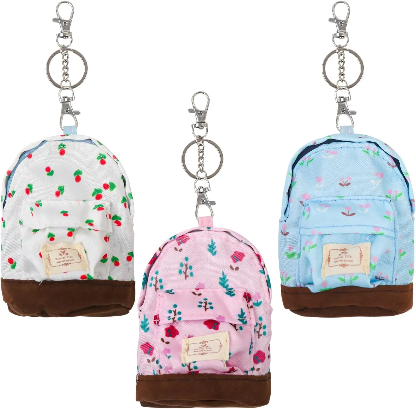 3 Pcs Mini Backpack Keychain Floral Canvas Makeup Cosmetic Bag Organizer Zipper Pouch Coin Purse Wallet Storage Bags 3 Colors