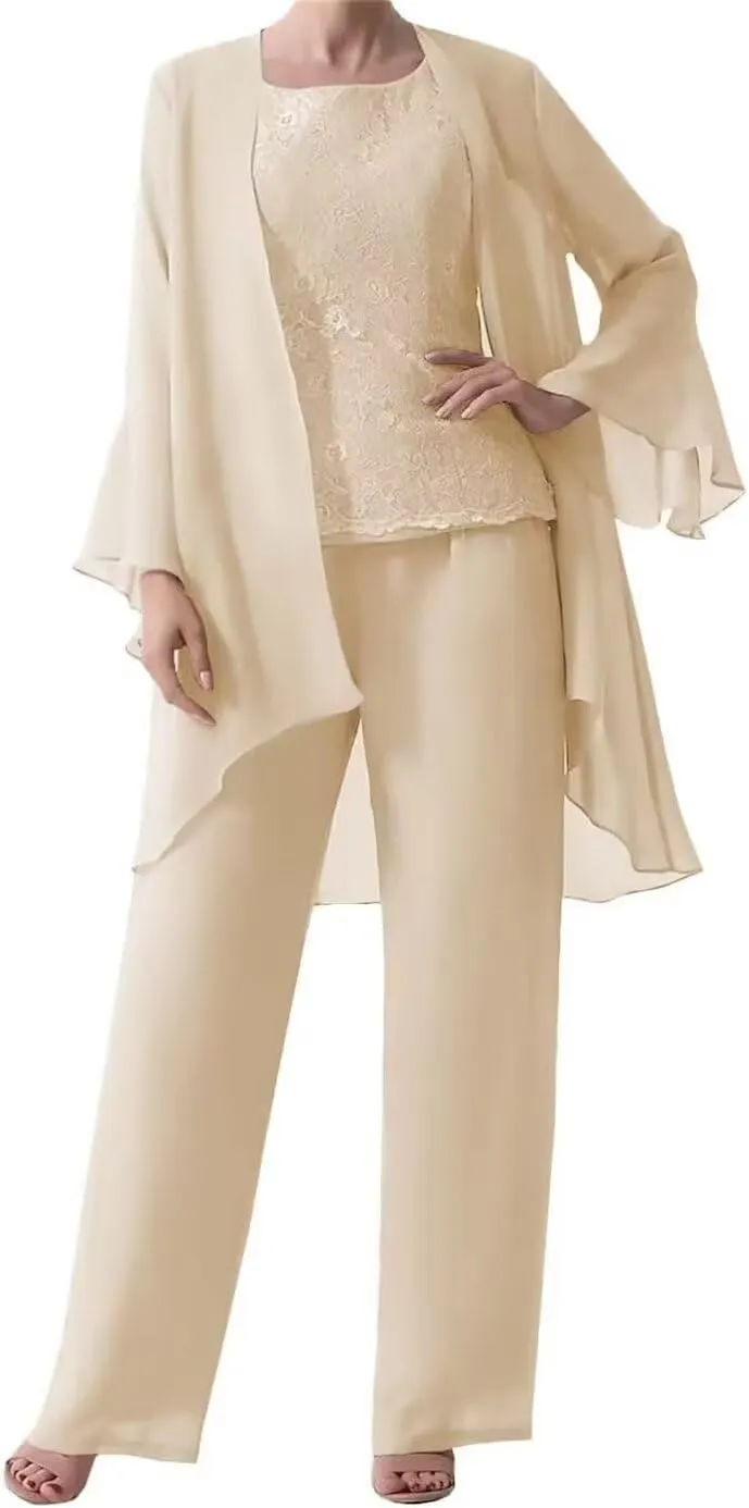 3 Pieces Mother of The Bride Dresses Pant Suits with Jackets Chiffon Jumpsuits Set Formal Evening Gown