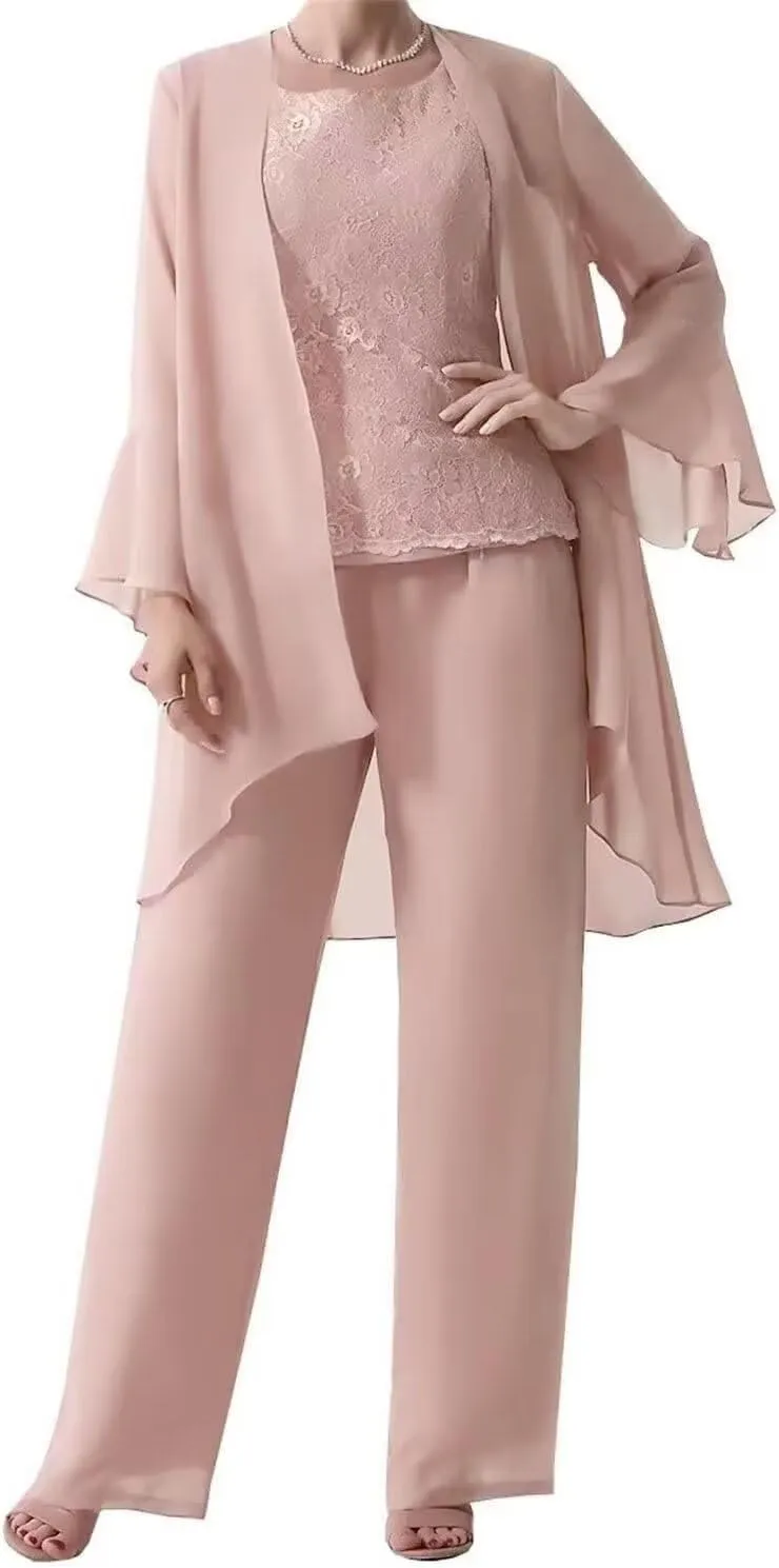 3 Pieces Mother of The Bride Dresses Pant Suits with Jackets Chiffon Jumpsuits Set Formal Evening Gown
