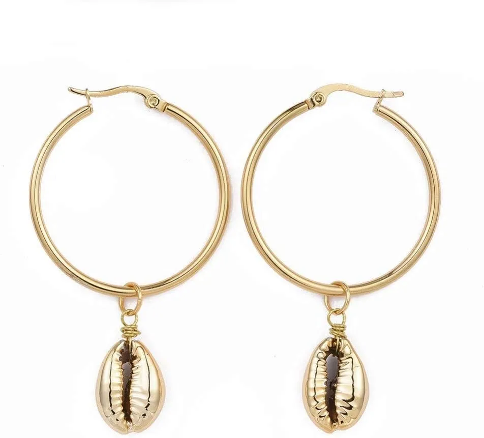 304 Stainless Steel Hoop Earrings Cowrie Shell Beads Gold 58~60mm Pin 1mm P363