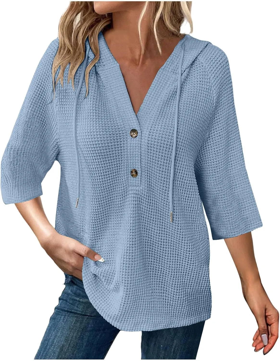 3/4 Length Sleeve Spring Tops for Women 2025 Waffle Knit Hooded Shirts Drawstring Buttons V Neck Blouses Comfy Clothes