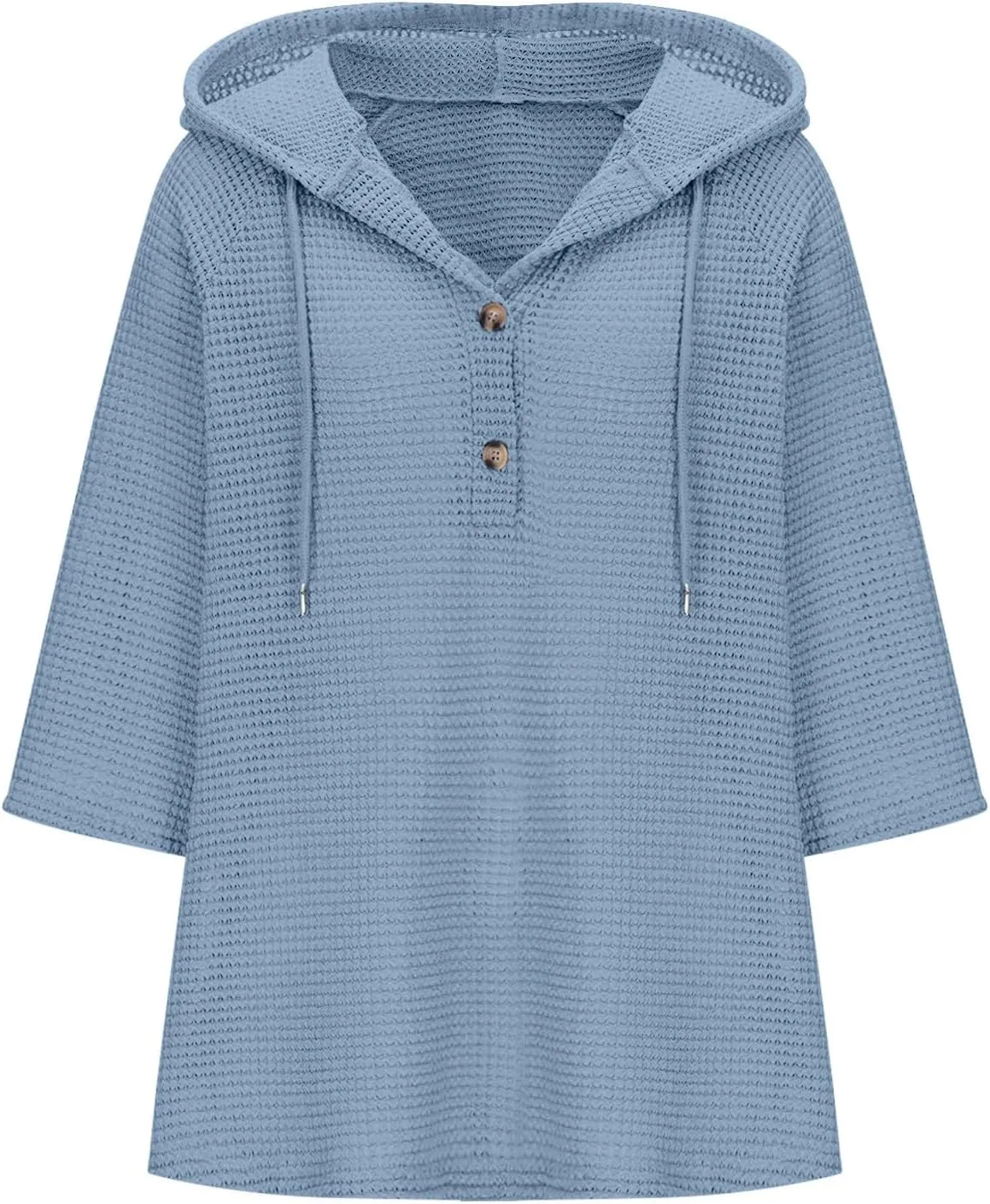 3/4 Length Sleeve Spring Tops for Women 2025 Waffle Knit Hooded Shirts Drawstring Buttons V Neck Blouses Comfy Clothes