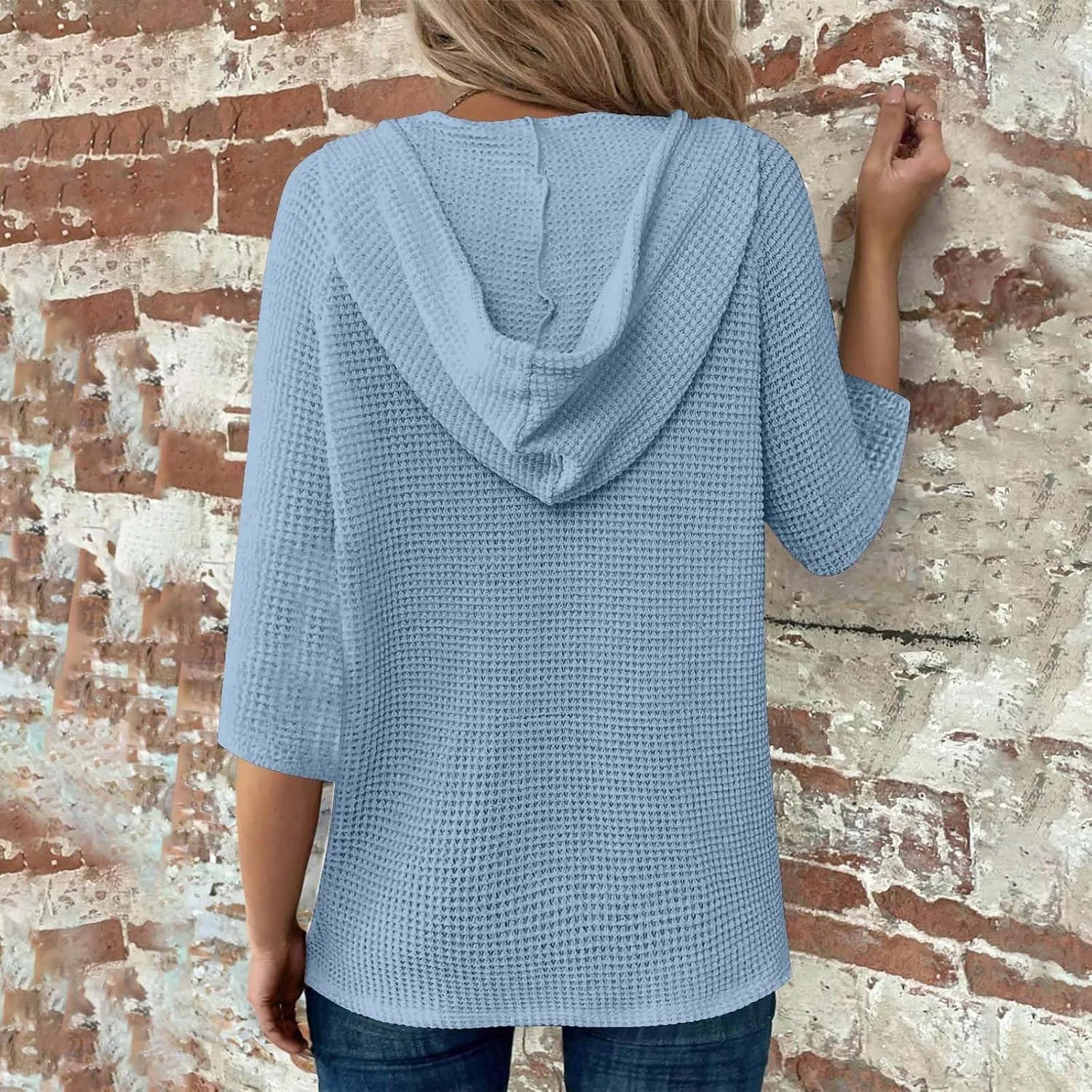 3/4 Length Sleeve Spring Tops for Women 2025 Waffle Knit Hooded Shirts Drawstring Buttons V Neck Blouses Comfy Clothes