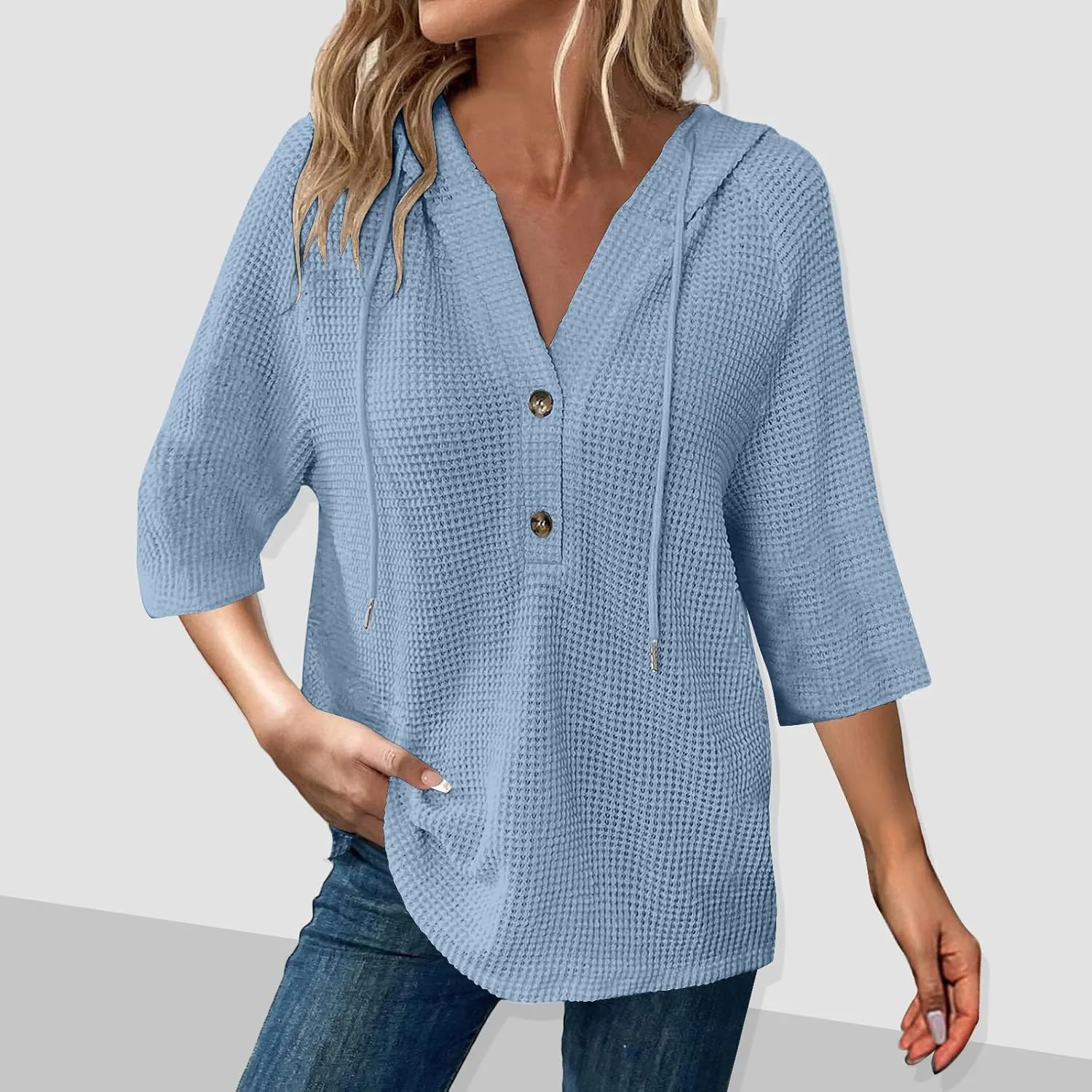 3/4 Length Sleeve Spring Tops for Women 2025 Waffle Knit Hooded Shirts Drawstring Buttons V Neck Blouses Comfy Clothes