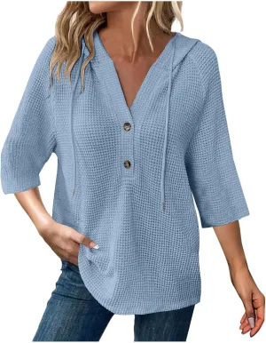 3/4 Length Sleeve Spring Tops for Women 2025 Waffle Knit Hooded Shirts Drawstring Buttons V Neck Blouses Comfy Clothes