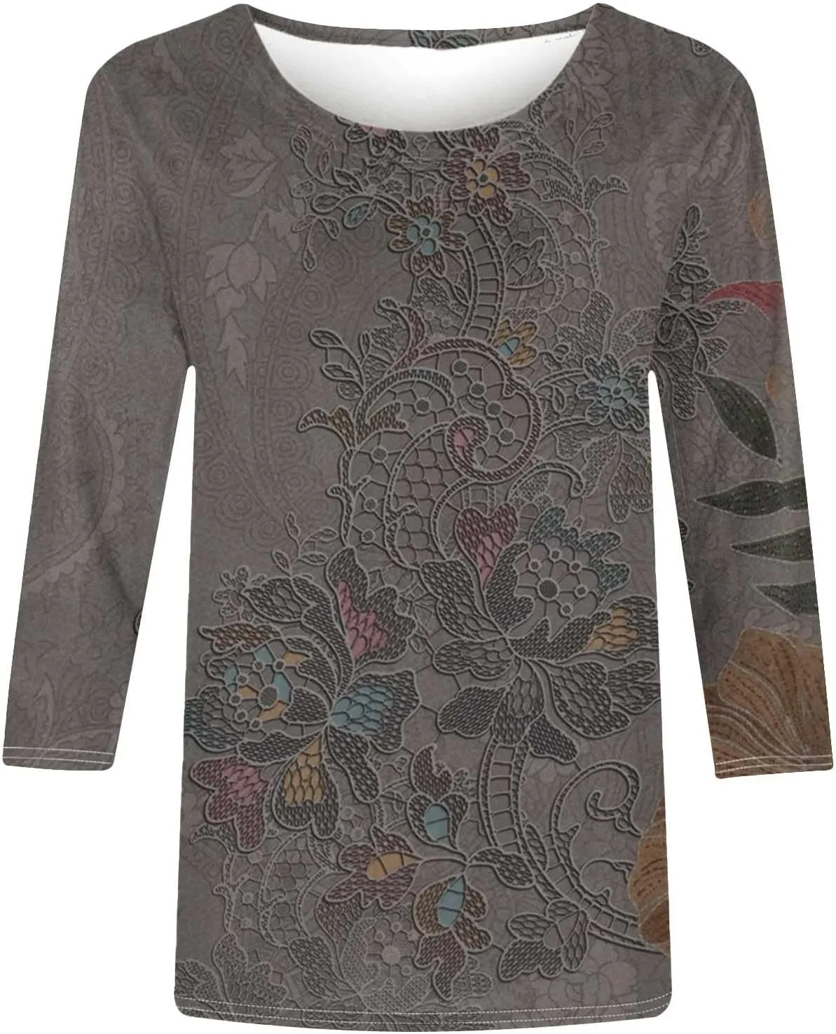 3/4 Length Sleeve Womens Tops Round Neck Trendy Casual Blouses Loose Fit Floral T-Shirt Shirts