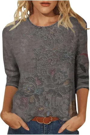 3/4 Length Sleeve Womens Tops Round Neck Trendy Casual Blouses Loose Fit Floral T-Shirt Shirts