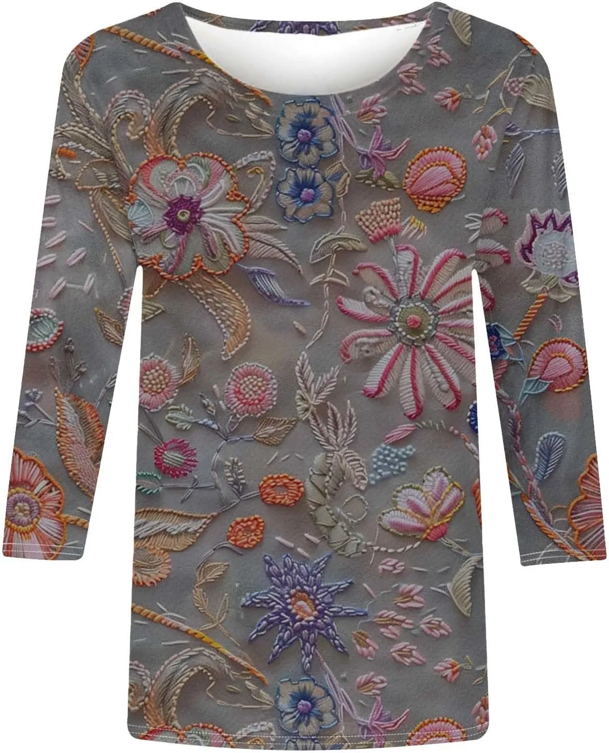 3/4 Length Sleeve Womens Tops Round Neck Trendy Casual Blouses Loose Fit Floral T-Shirt Shirts