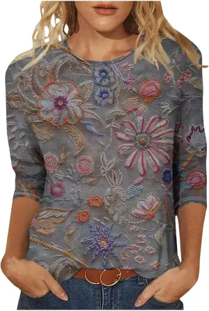 3/4 Length Sleeve Womens Tops Round Neck Trendy Casual Blouses Loose Fit Floral T-Shirt Shirts