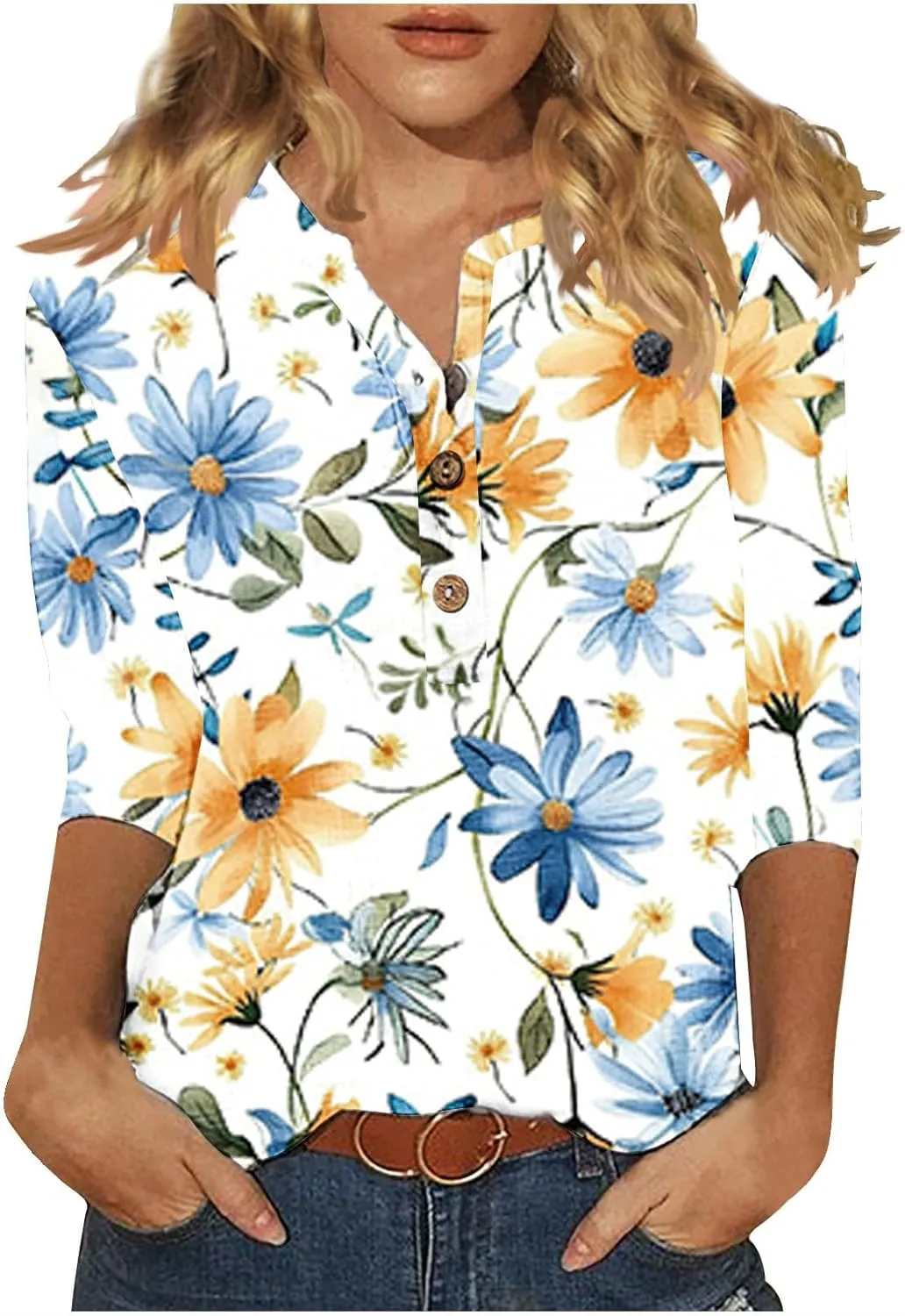 3/4 Sleeve Linen Tops for Women Summer 2024 Dressy Casual Button Down Shirts Boho Floral Print Loose Tunic Blouses