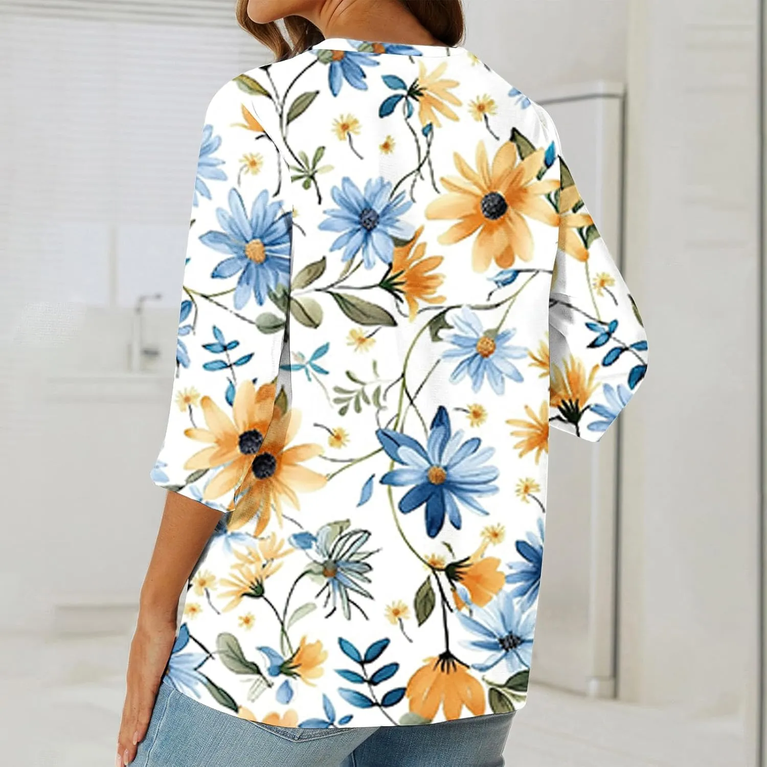 3/4 Sleeve Linen Tops for Women Summer 2024 Dressy Casual Button Down Shirts Boho Floral Print Loose Tunic Blouses
