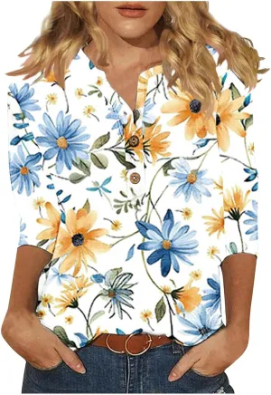 3/4 Sleeve Linen Tops for Women Summer 2024 Dressy Casual Button Down Shirts Boho Floral Print Loose Tunic Blouses