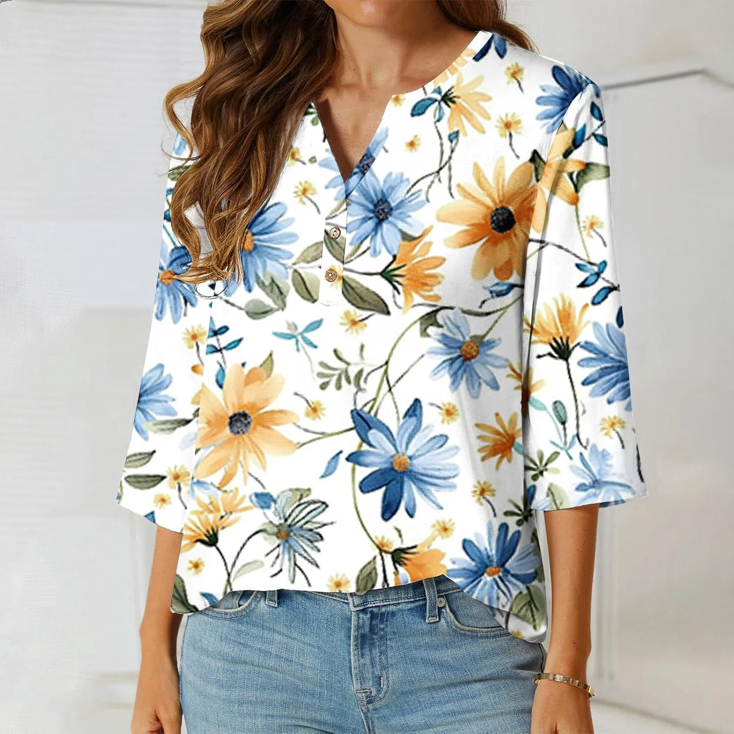 3/4 Sleeve Linen Tops for Women Summer 2024 Dressy Casual Button Down Shirts Boho Floral Print Loose Tunic Blouses
