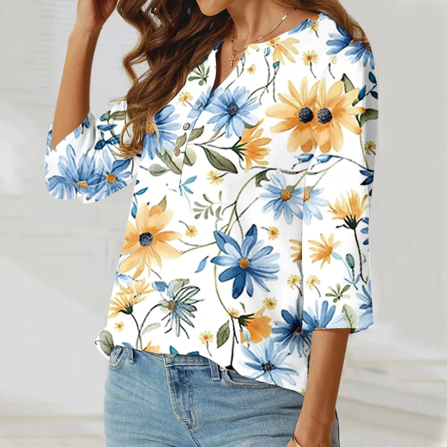 3/4 Sleeve Linen Tops for Women Summer 2024 Dressy Casual Button Down Shirts Boho Floral Print Loose Tunic Blouses