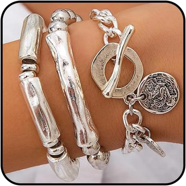 3Pcs Layered Silver Beaded Bracelets Set for Women, Charm Elastic Round Ball Beads Tube Statement Bangle Cuban Link OT Buckle Bracelets Accessories