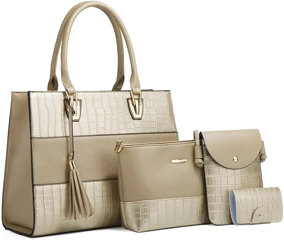 4-Pcs Handbags Sets Women Faux Leather Tote Bags Satchel Top Handle Handbag Purses Crossbody Bag Phone Bag Wallet