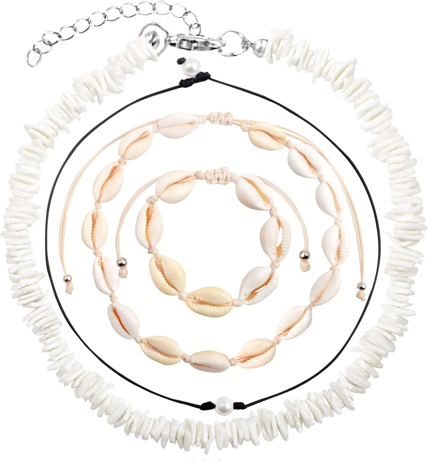 4pcs Puka Shell Necklaces Adjustable Natural Seashell Pearl Bead Choker Necklace Handmade Cowrie Shells Surfer Bracelet Hawaiian Summer Beach Boho Jewelry Set for Women Gifts