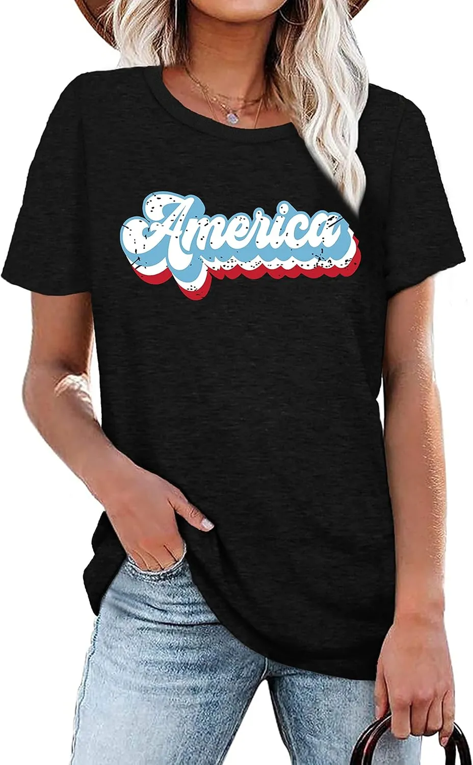 4th of July Shirts for Women America Printed Tshirt Patriotic Vintage USA Tee Tops