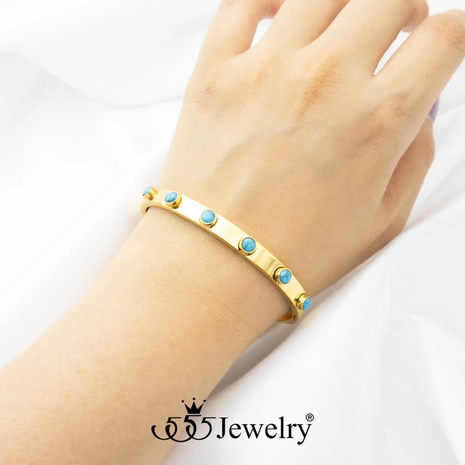 555Jewelry 6MM Stainless Steel Bangle Bracelets for Women Thick Oval Turquoise Jewelry for Women Large Chunky Wrist Cuff Bracelet