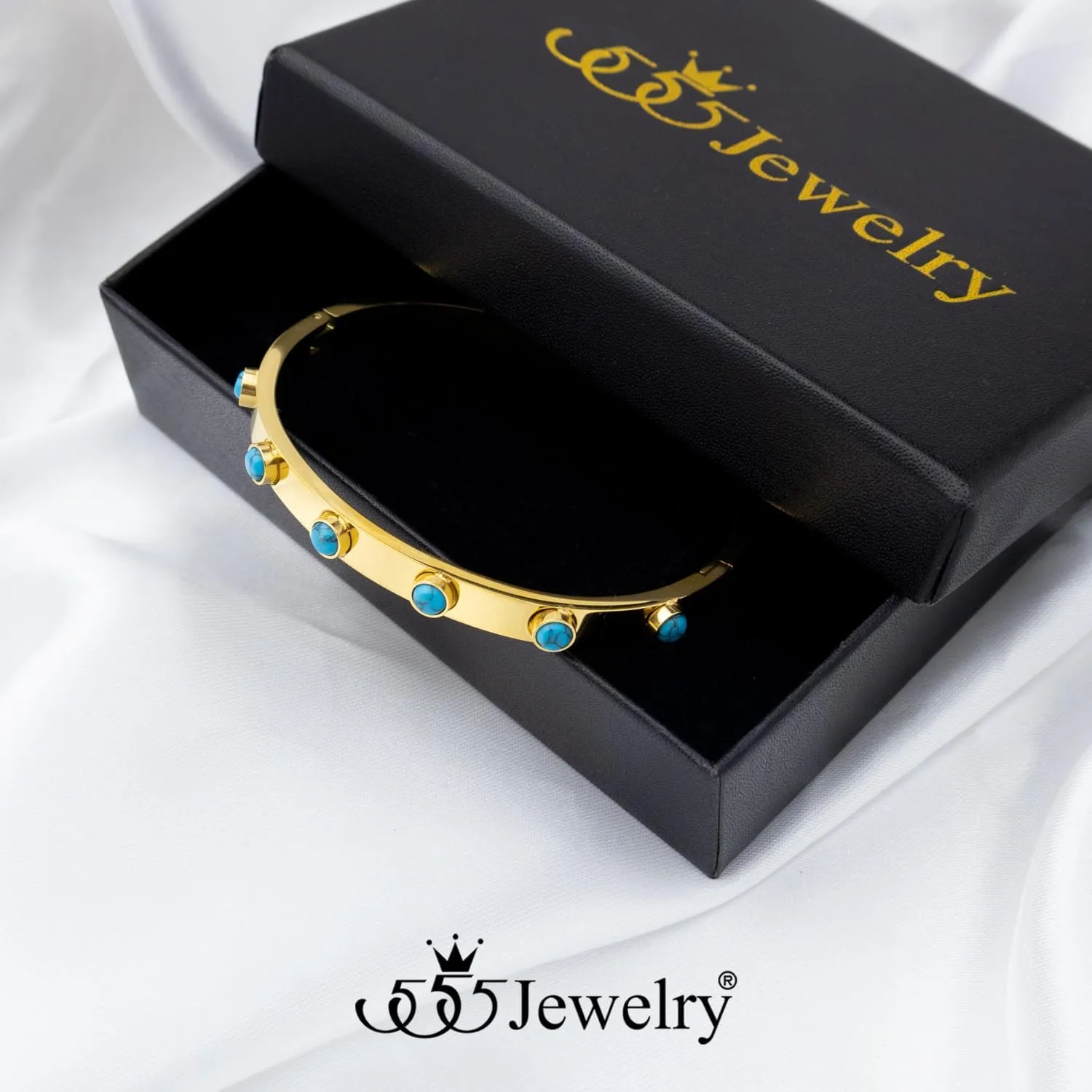 555Jewelry 6MM Stainless Steel Bangle Bracelets for Women Thick Oval Turquoise Jewelry for Women Large Chunky Wrist Cuff Bracelet
