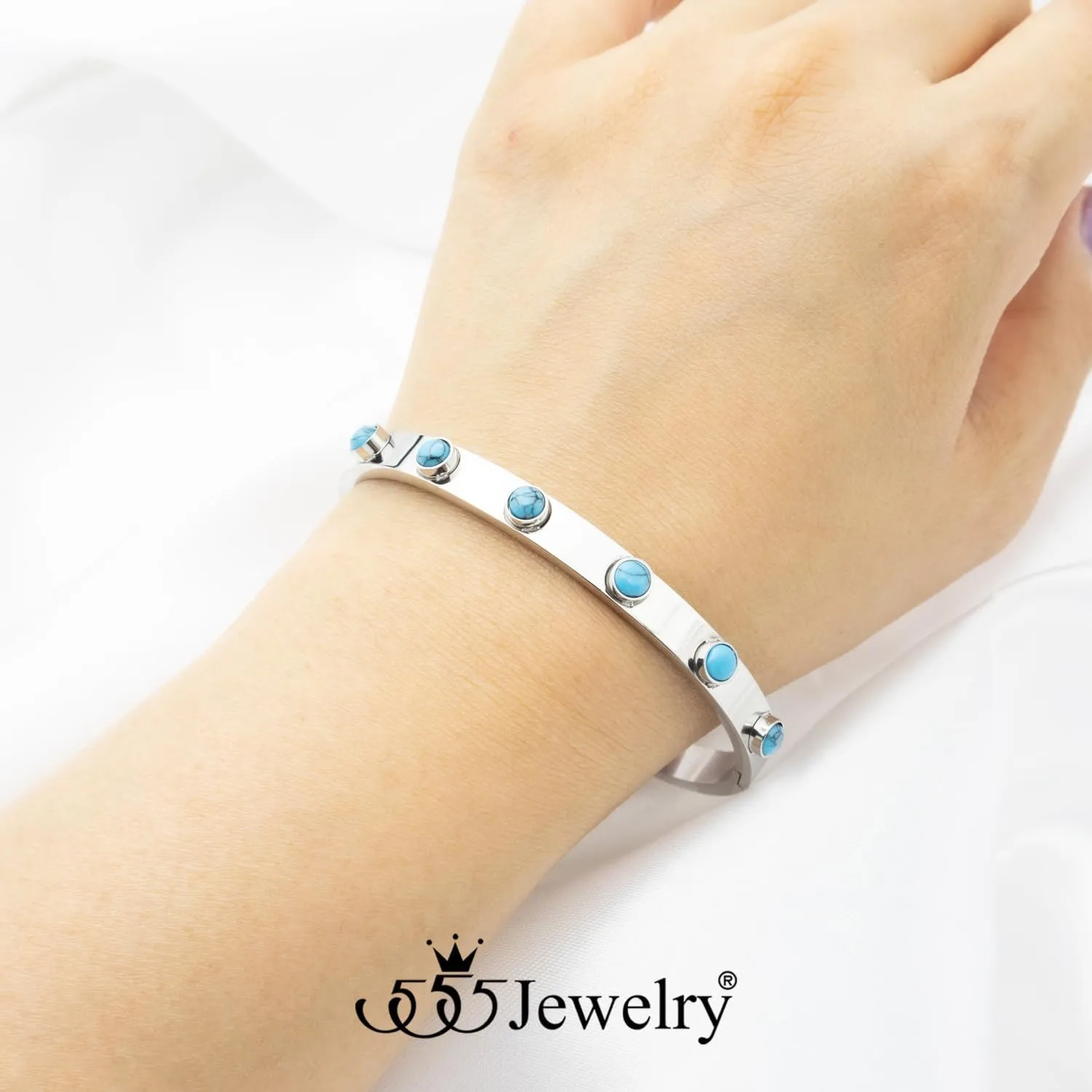 555Jewelry 6MM Stainless Steel Bangle Bracelets for Women Thick Oval Turquoise Jewelry for Women Large Chunky Wrist Cuff Bracelet