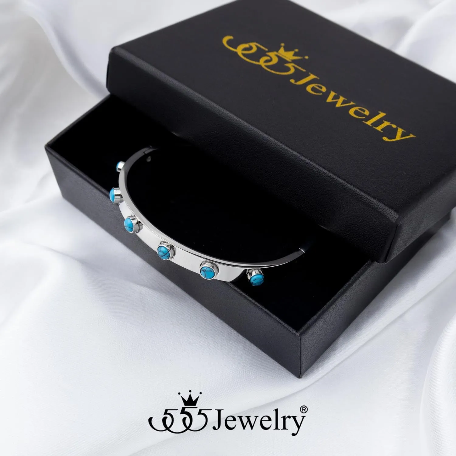 555Jewelry 6MM Stainless Steel Bangle Bracelets for Women Thick Oval Turquoise Jewelry for Women Large Chunky Wrist Cuff Bracelet