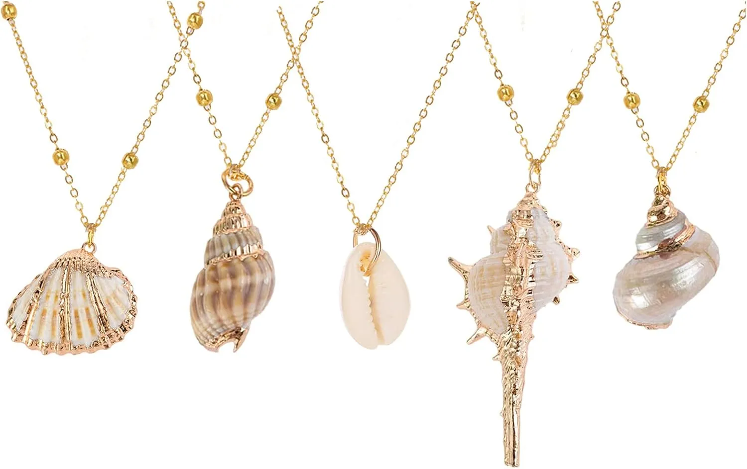 5Pcs Natural Scallop Conch Seashell Necklace Inlaid with Gold Rimmed Sea Shell Necklace Adjustable Seashell Jewelry Gifts for Women