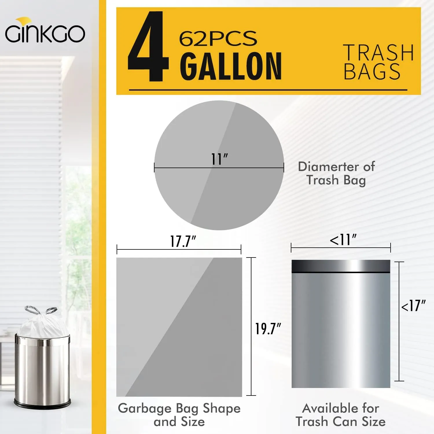 62 Counts Small Trash Bag Drawstring 4 Gallon Mini Garbage Bags for Bathroom, Kitchen, Bedroom and Office