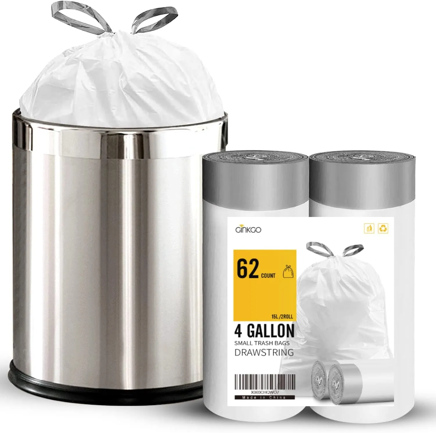 62 Counts Small Trash Bag Drawstring 4 Gallon Mini Garbage Bags for Bathroom, Kitchen, Bedroom and Office