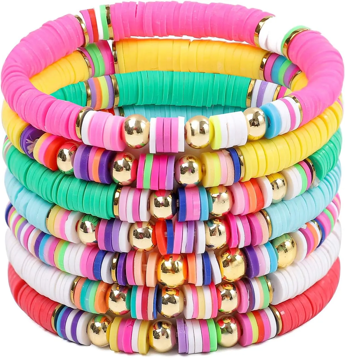 6PCS Colorful Sliced Clay Bracelets for Women Handmade Stackable Rainbow Vinyl Disc Bead Strech Bracelets Set Plastic Summer Wristband