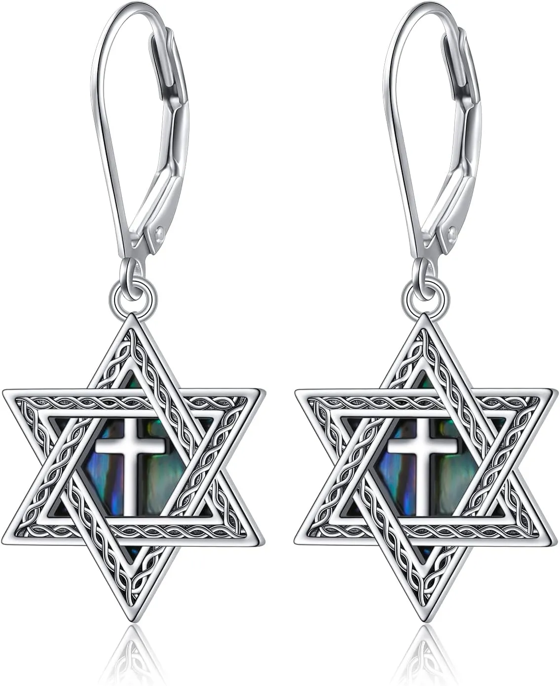 925 Sterling Silver Star of David Dangle Earrings Oxidized Cross Abalone Shell Earrings Religous Christian Goth Jewish Hexagram Jewelry Birthday Easter Gift for Women Men