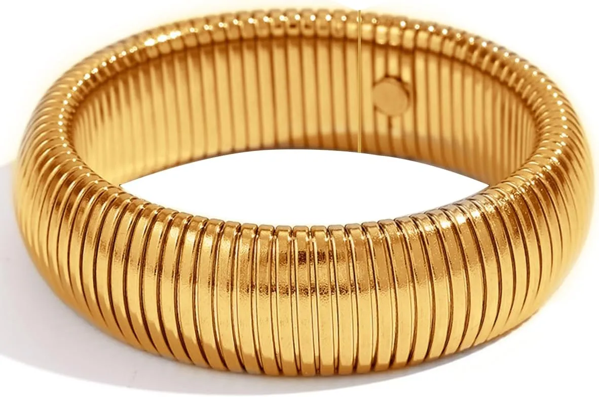 A D. ALLEN & DANMI. 18 K Gold Plated Chunky Titanium Bracelet Stack, Flexible Wide Wristband Bangle Layered Snake Chain Bracelet for Women