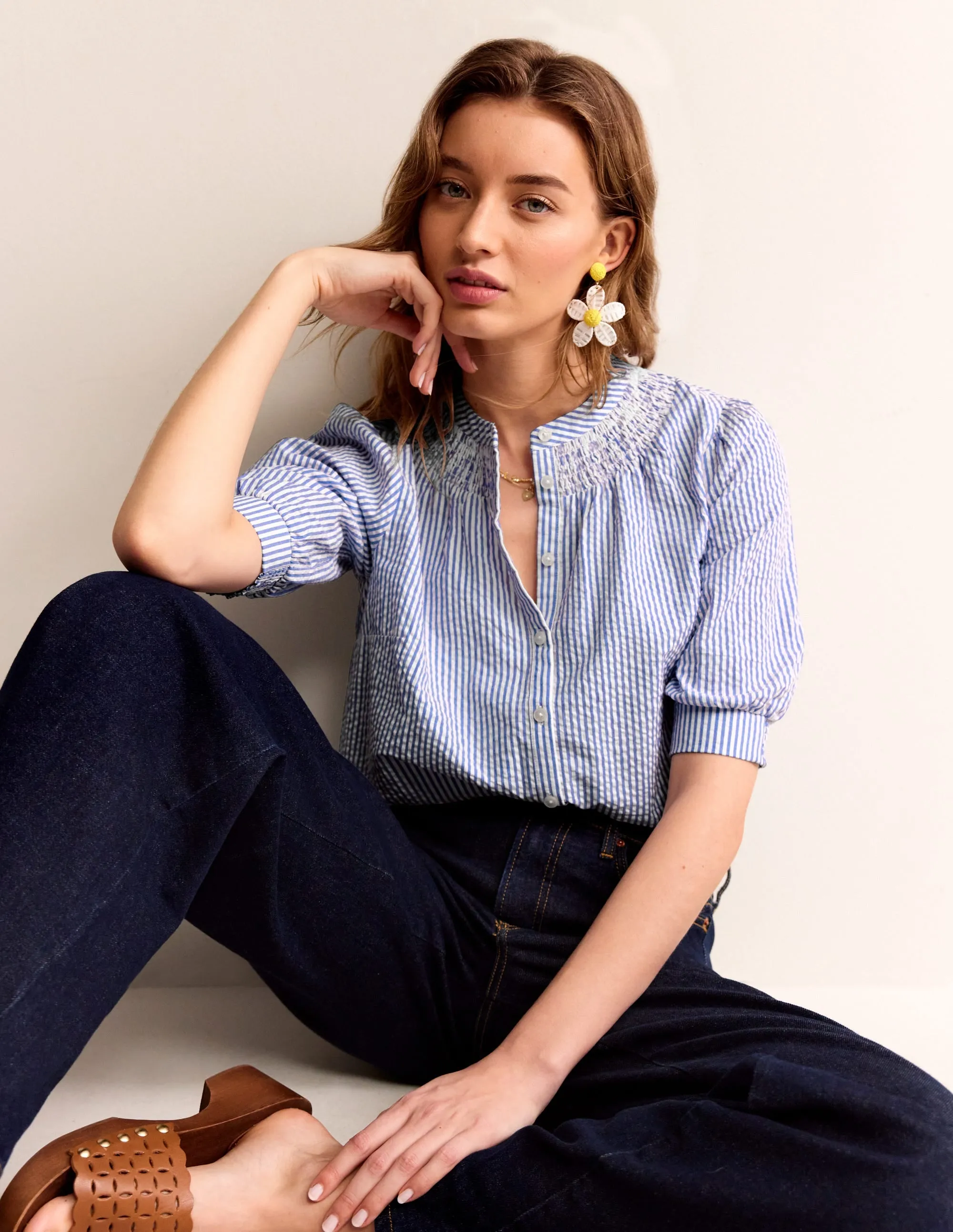 Ada Seersucker Top-Bright Blue, Ivory