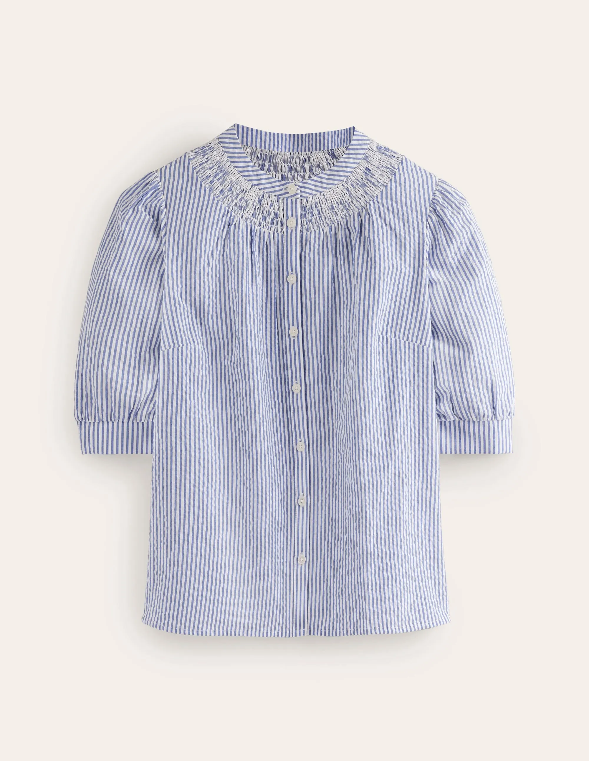 Ada Seersucker Top-Bright Blue, Ivory