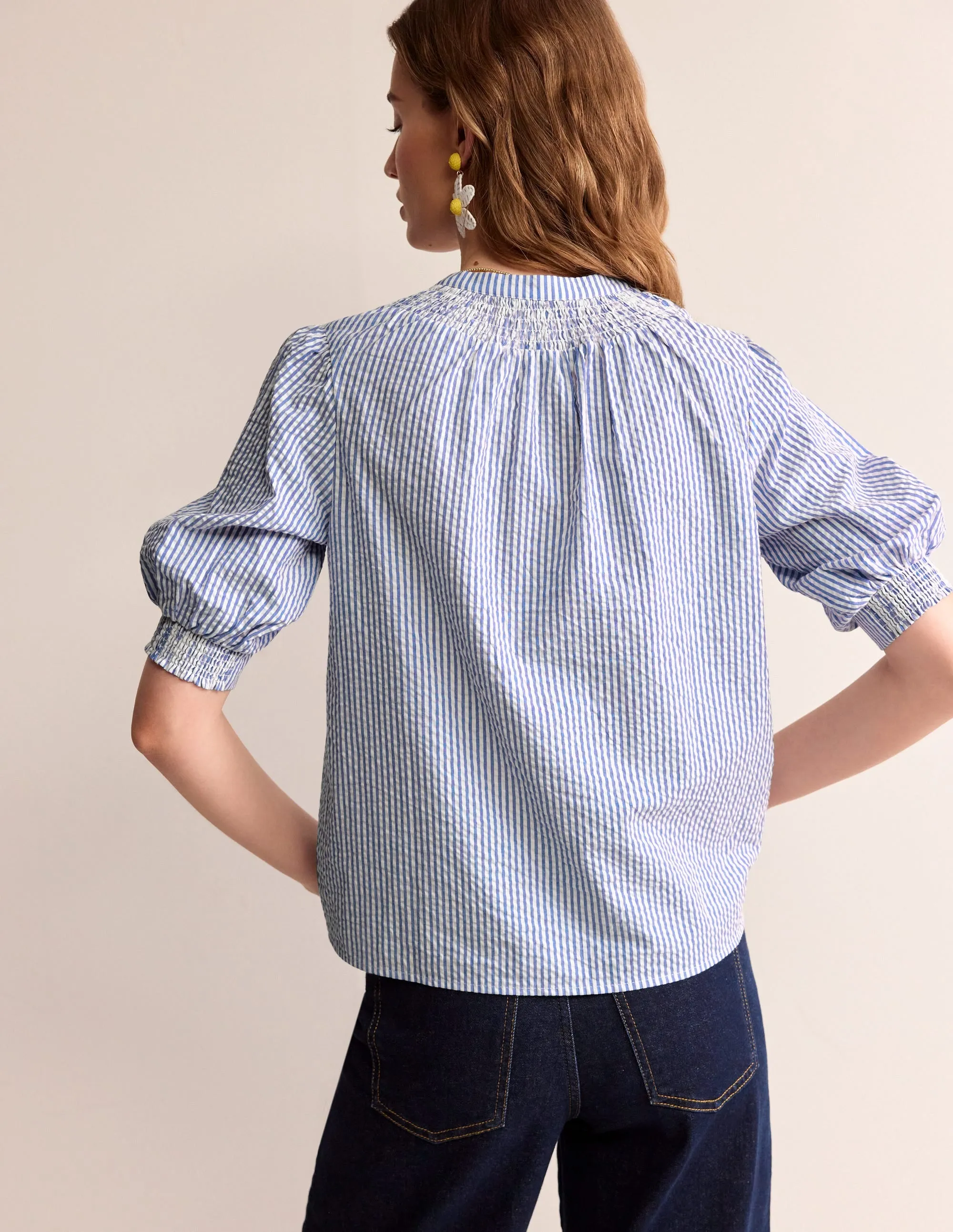 Ada Seersucker Top-Bright Blue, Ivory