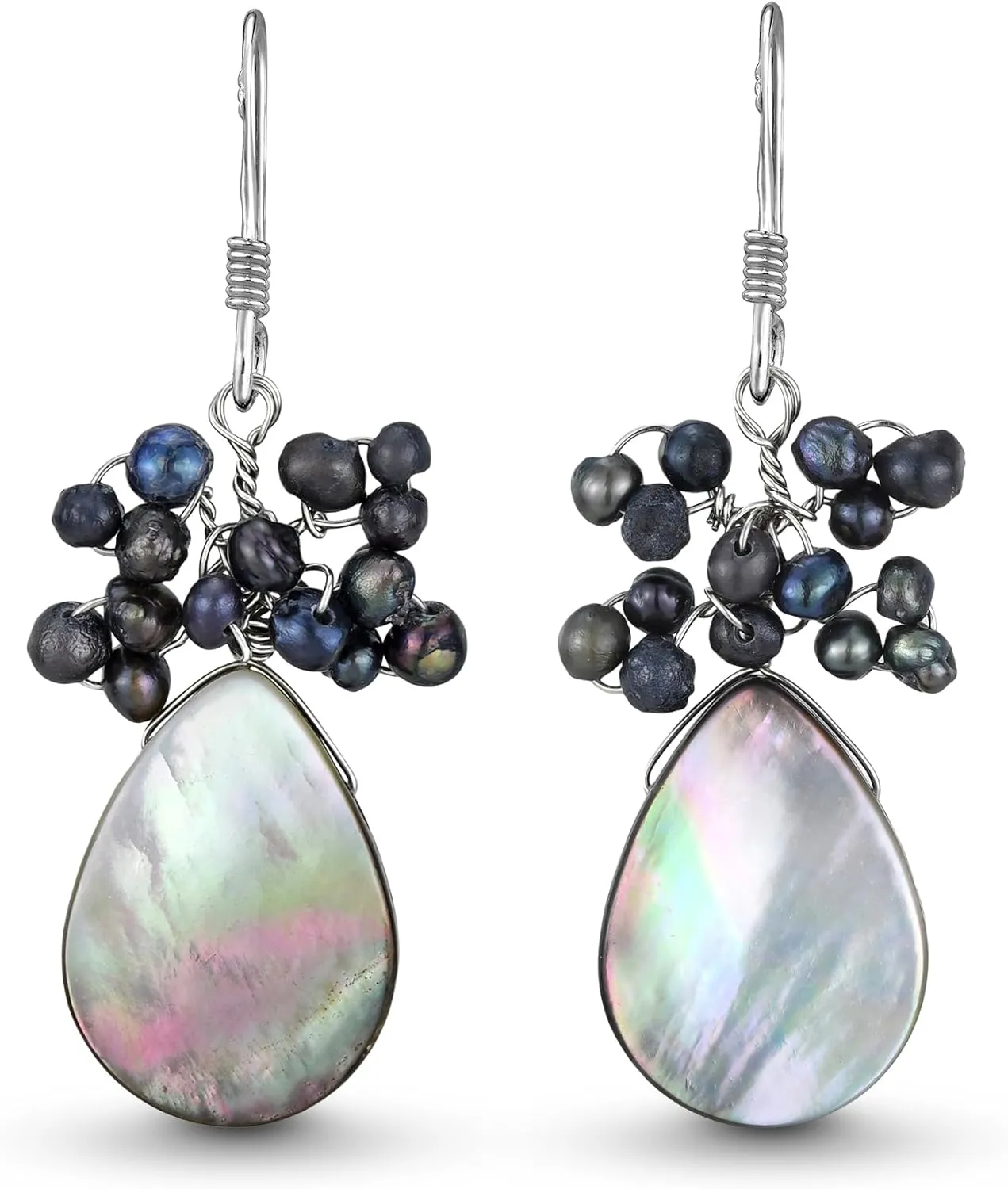 AeraVida Moon Grey Shell and Cultured Freshwater Pearl Cluster Dangle Earrings for Women | Handmade Sterling Silver Teardrop Earrings | Natural Shell Jewelry Gift