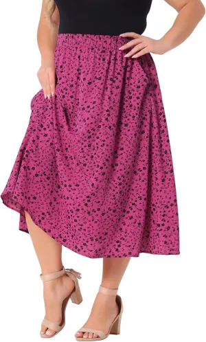 Agnes Orinda Plus Size Printed Skirt for Women Chiffon Elastic Waist Flowy Midi Skirts with Pockets