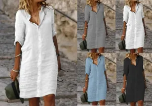 Akivide Women's Linen Midi Dress Casual Button Down Shirt Dress with Pocket - Loose V-Neck Half Sleeve Beach Vacation Dress