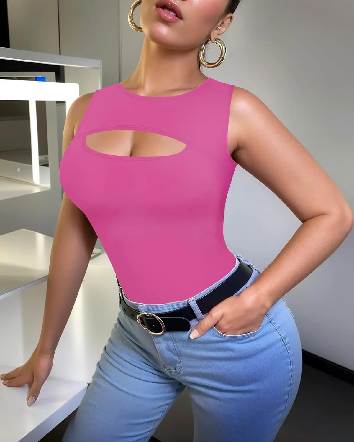 ALGALAROUND Sleeveless Tank Tops for Women Cut Out Front Ribbed Tshirt Crew Neck Casual Shirt