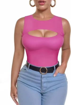 ALGALAROUND Sleeveless Tank Tops for Women Cut Out Front Ribbed Tshirt Crew Neck Casual Shirt