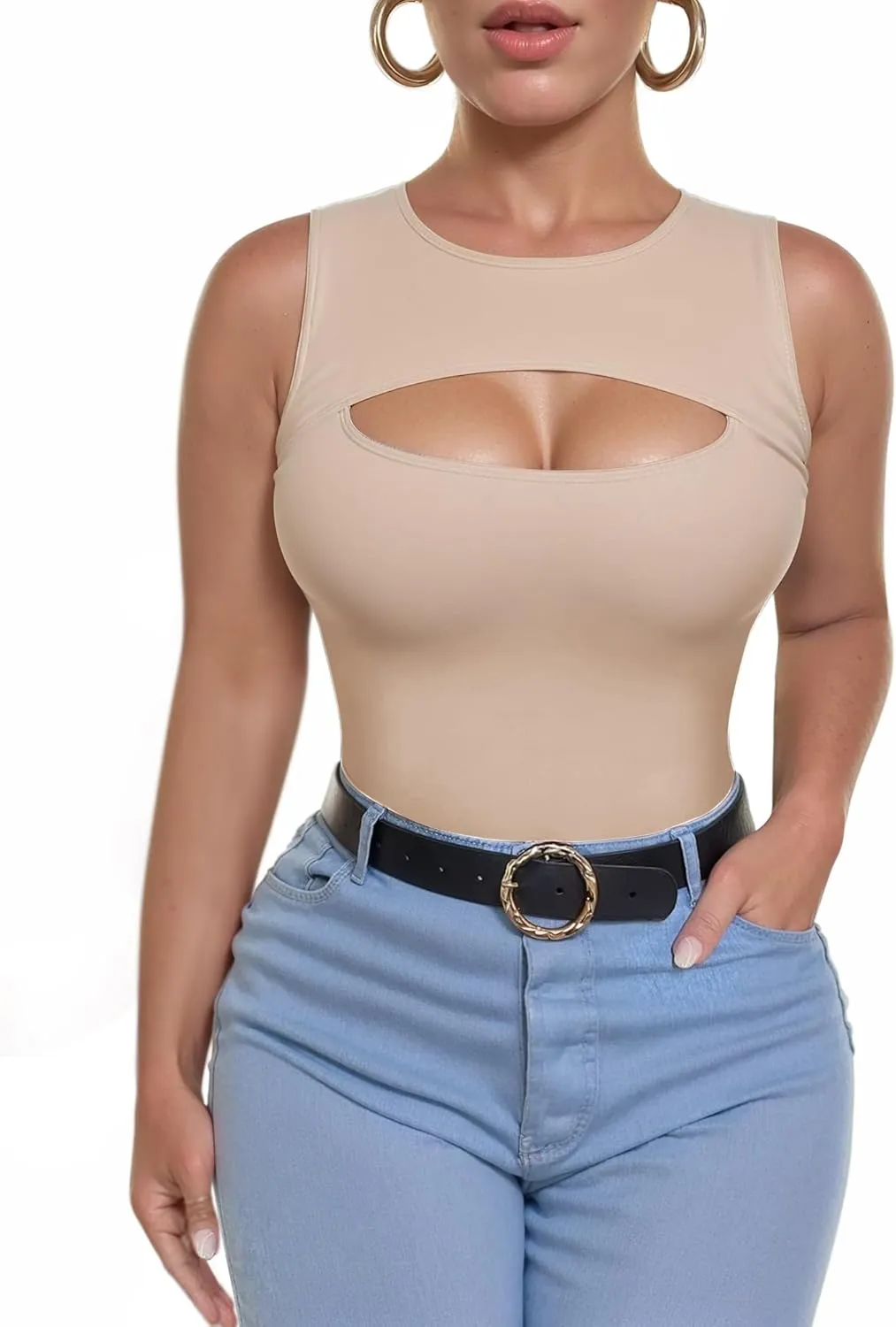 ALGALAROUND Sleeveless Tank Tops for Women Cut Out Front Ribbed Tshirt Crew Neck Casual Shirt