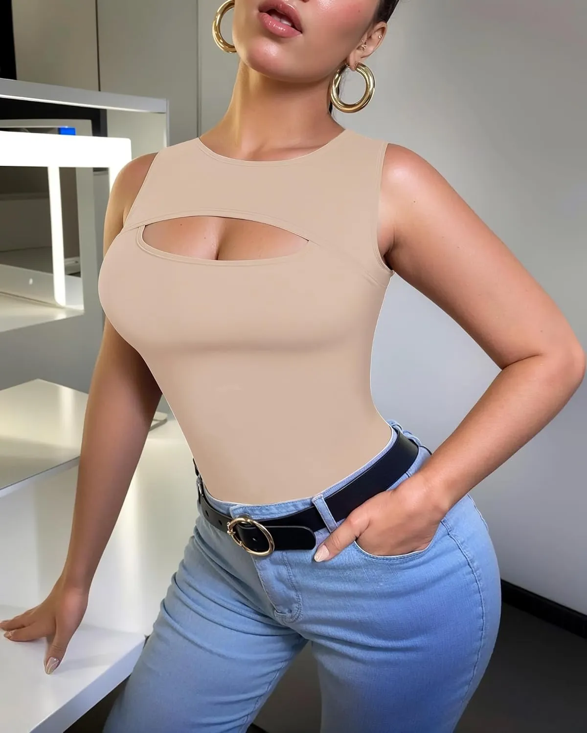 ALGALAROUND Sleeveless Tank Tops for Women Cut Out Front Ribbed Tshirt Crew Neck Casual Shirt
