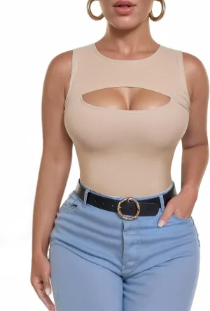 ALGALAROUND Sleeveless Tank Tops for Women Cut Out Front Ribbed Tshirt Crew Neck Casual Shirt
