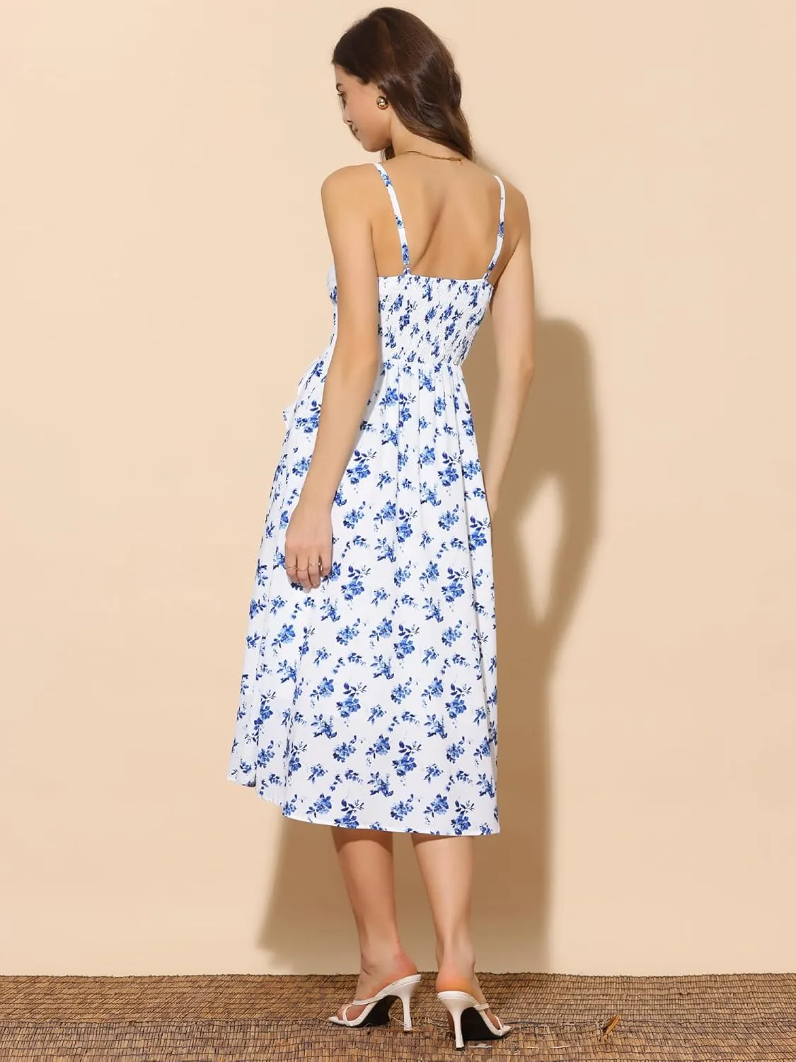 Allegra K Floral Dress for Women's Square Neck Sleeveless Shirred Back Spaghetti Strap Casual Midi Dress