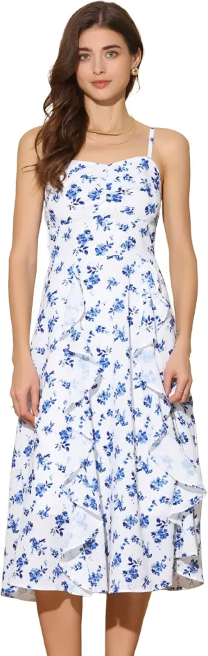 Allegra K Floral Dress for Women's Square Neck Sleeveless Shirred Back Spaghetti Strap Casual Midi Dress
