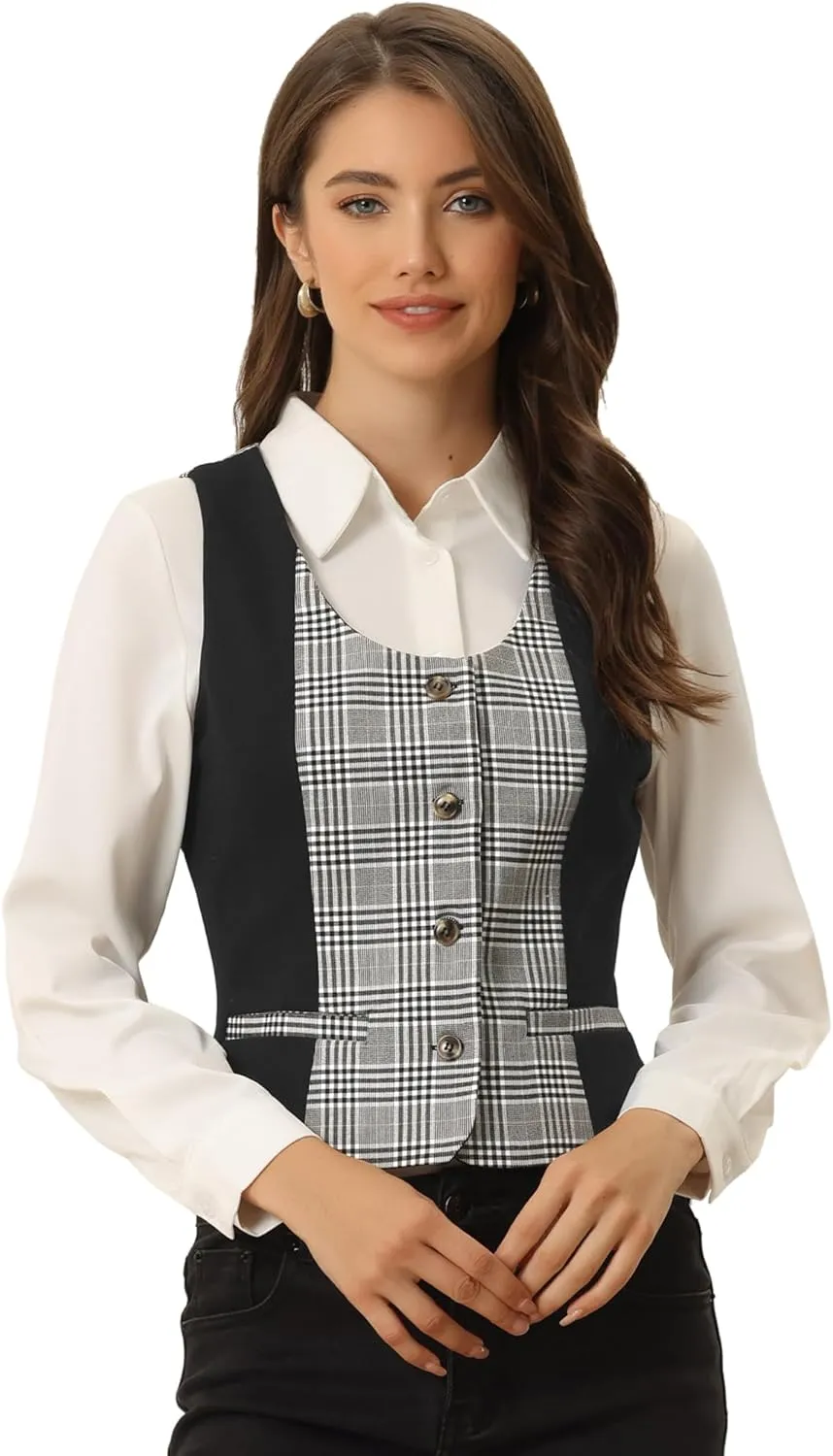 Allegra K Vintage Waistcoat Vest for Women's Plaid Button Down Work Dressy Vests