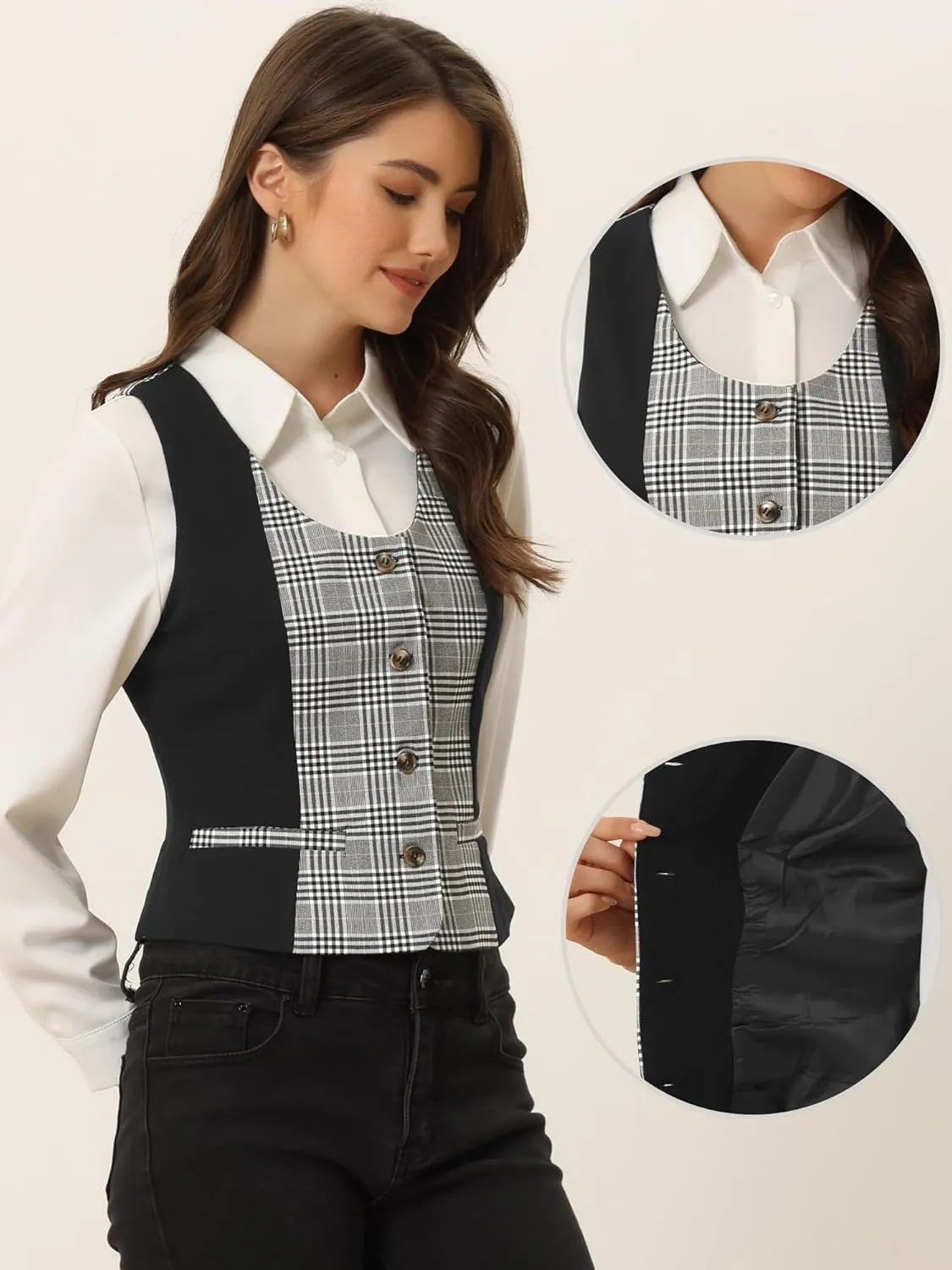 Allegra K Vintage Waistcoat Vest for Women's Plaid Button Down Work Dressy Vests